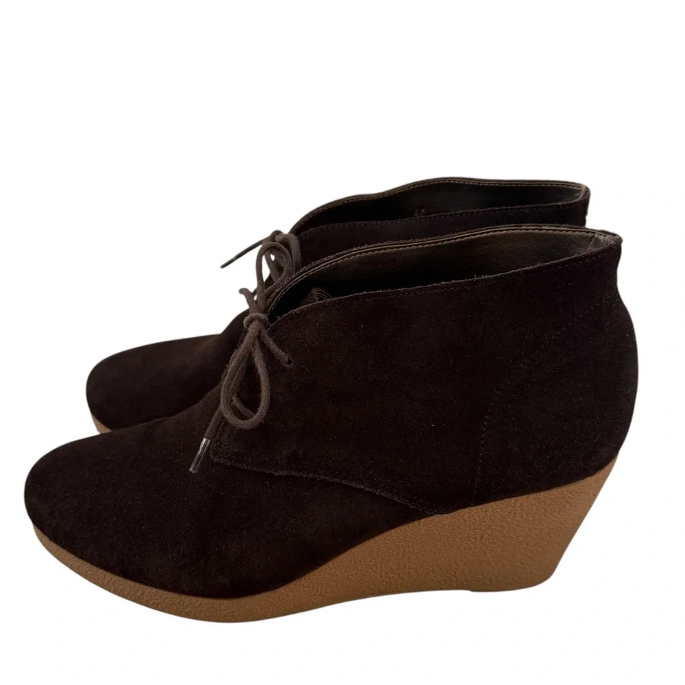 Talbots Dark Brown Suede Leather Lace-Up Ankle Boots Wedge Heel Size 8
